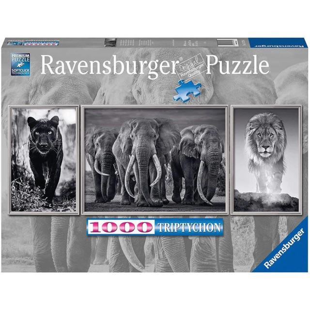 Ravensburger 16729 Triptych Puzzle Panter, slon a lev Panorama 1000 dielikov