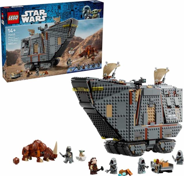 Stavebnice obsahuje detilní repliku kultovního Sandcrawlera v barvách z první řady seriálu Star Wars: Mandalorian, pohyblivého Mudhorna a jeho vejce, o které bude Mando bojovat, Grogua se vznášejícím se kočárkem a 5 minifigurek LEGO® s doplňky pro živou hru.