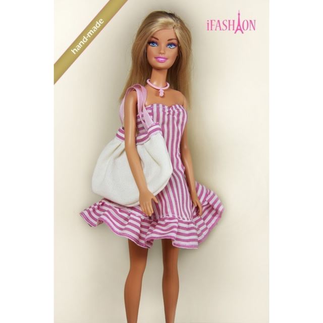 Barbie Růžové proužkované šaty s kabelkou