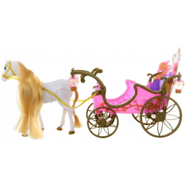 Kůň s růžovým kočárem pro panenky Barbie