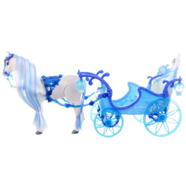Kůň s modrým kočárem pro panenky Barbie