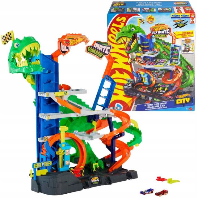 Hot Wheels City Ultimate T-Rex Garage JHL98 je obrovská herní garáž, která přináší pořádnou dávku závodění, akce a dinosaurů. 