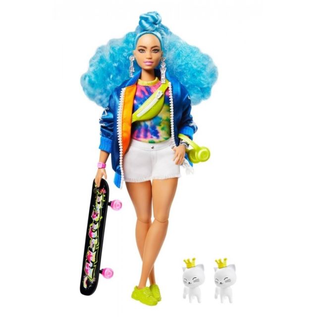 Barbie Extra Stylová dlouhovláska s kočkama a skateboardem, Mattel GRN30