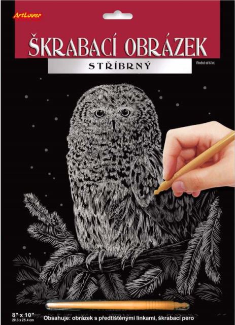 Škrabací obrázok strieborný Sova