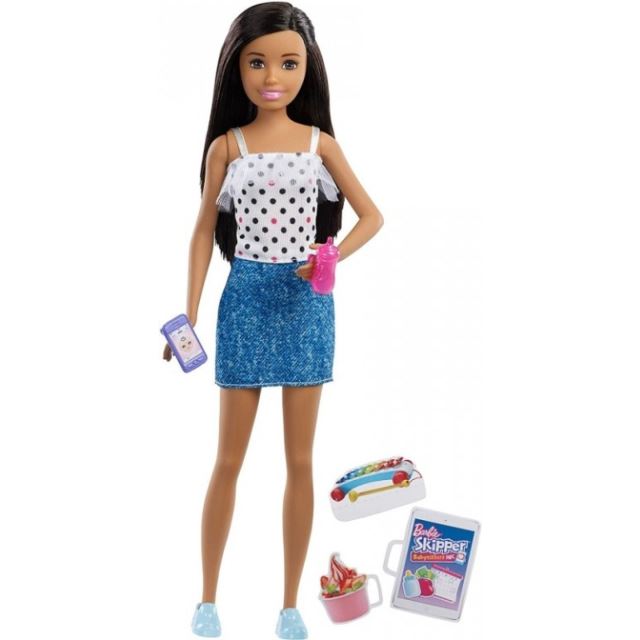 Barbie Skipper Chůva Brunetka v riflové sukni, Mattel FXG92