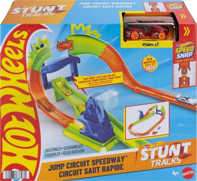 Rozjeďte akci s tratí Hot Wheels, která vystřelí autíčko do dramatické 180° zatáčky s odskokem na vrcholu oblouku a prověří přesnost i odvahu každého závodníka.