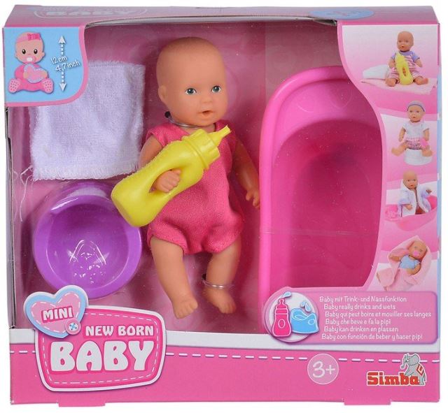 Bábika Mini New Born pije a ciká, Baby Set, 12 cm