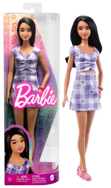 Mattel Barbie modelka 199 ve fialkových kostkovaných šatech, HPF75