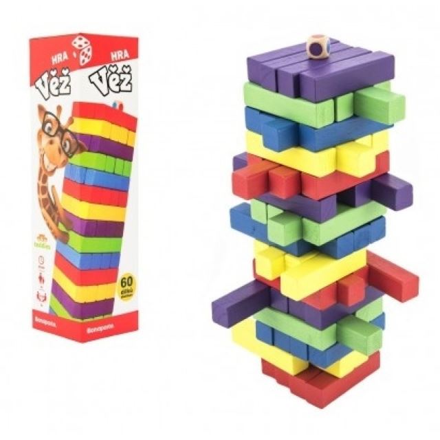Hra věž Jenga dřevěná barevná 60 ks