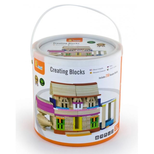 VIGA Dřevěná stavebnice 250 kostek v barelu