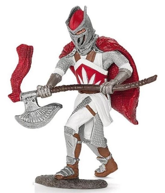Griffin Knight Red with Battle Axe je oblečená v červené, bílé a stříbrné barvě.