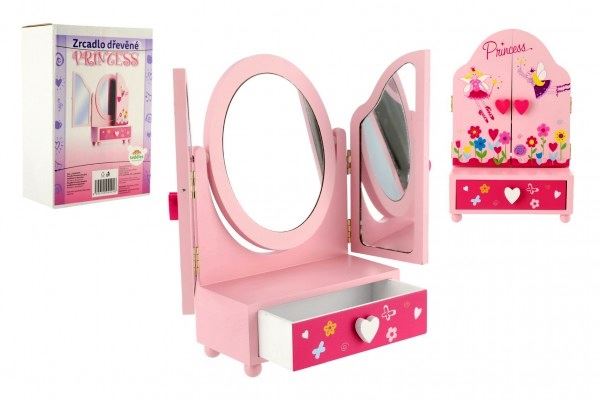 Dřevěné zrcadlo šperkovnice Princess 3-dílné se zásuvkou