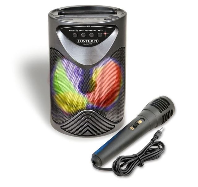 Bezdrátový reproduktor s mikrofonem a RGB osvětlením.
