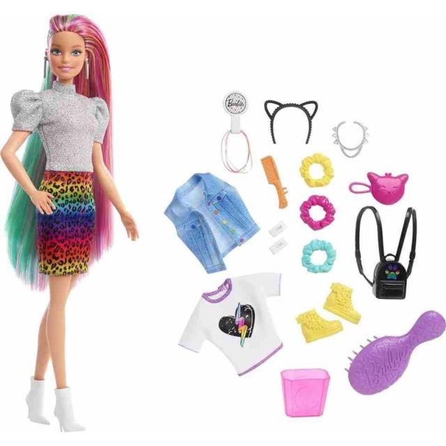 Mattel Barbie Leopardí panenka s duhovými vlasy a doplňky, GRN81