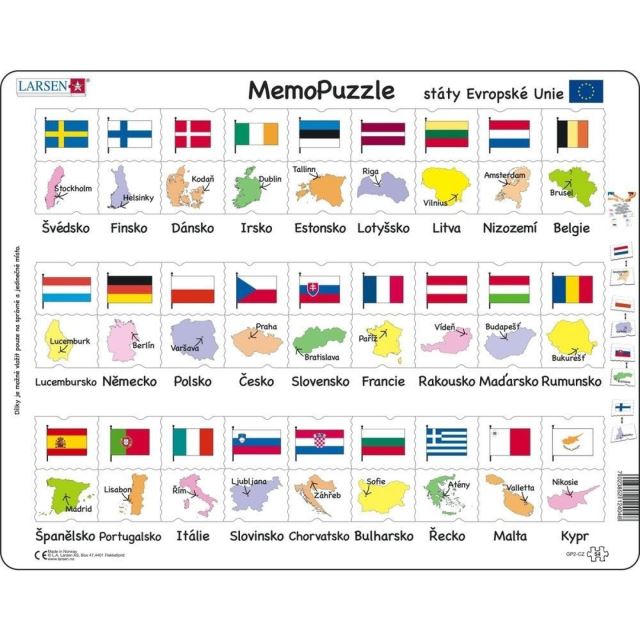 Larsen Puzzle Memo Státy,hlavní města,vlajky deskové 54 dílků