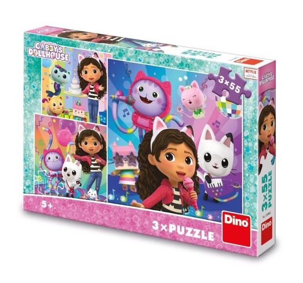 Dětské čtvercové puzzle obsahující 3 obrázky po 55 dílcích. 