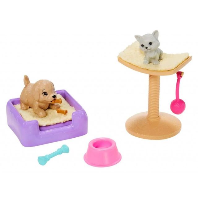 Barbie Zvířátko s doplňky - Pes, kočička a jejich pelíšky, Mattel GRG59